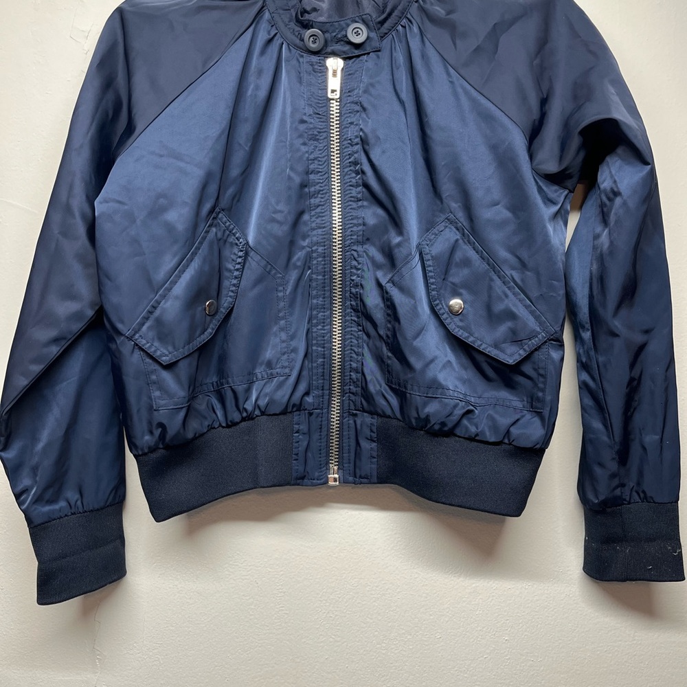 Free People women’s midnight blue satin bomber jacket Sz XS silver colored accen